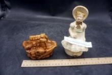 Chalkware Statue Of Girl Wearing Bonnet & Hand Carved Olive Wood Noah'S Ark Carving