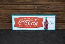 1960s Drink Coca-Cola Embossed Fish Tail Logo Tin Sign