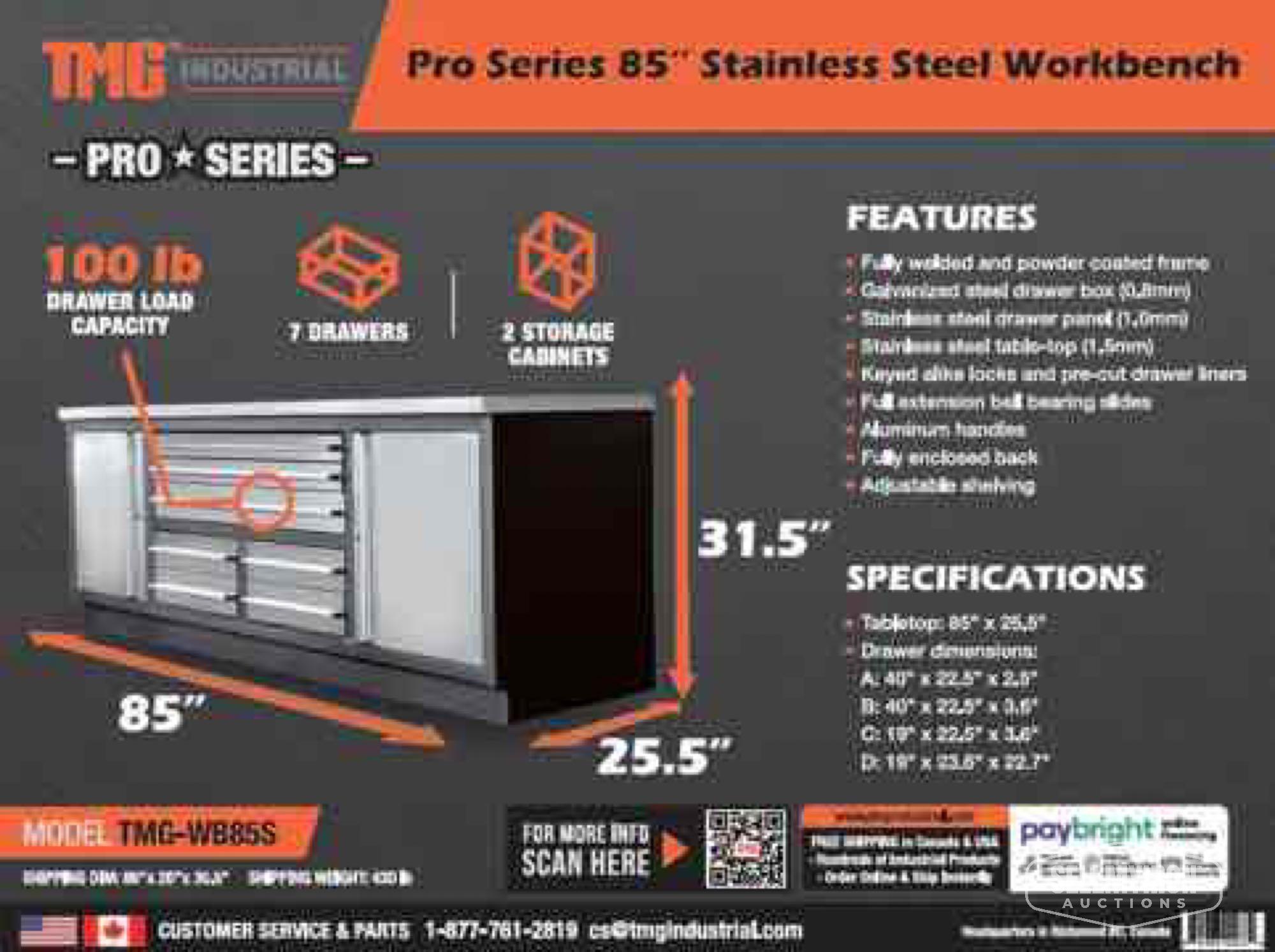 Unused TMG Industrial Pro Series 85in Stainless Steel Workbench [YARD 2]