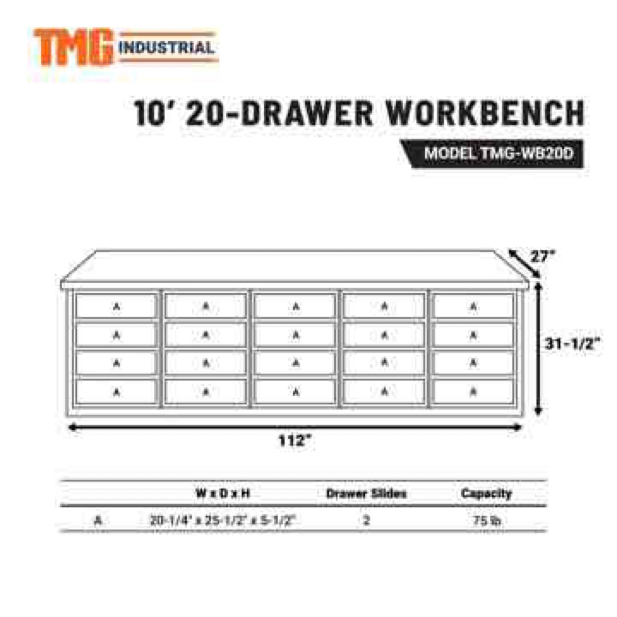 Unused TMG Industrial 10ft 20 Drawer Workbench [YARD 2]