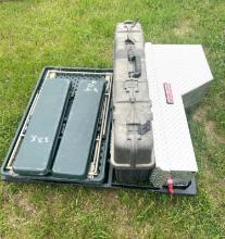 Pallet of Misc. Items: Small Picnic Table, Bow and Arrow Case, and Weather Guard Toolbox