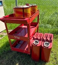 Lot of 4 Gas Cans with Shop Cart