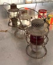 Lot of 3 Vintage Railroad Lanterns - 2 have globes - 1 does not