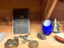 Contents of Shelf - Antique Locks, Pocket Knives, Eisenhower Stamps, and other Misc. Collectibles