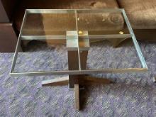 24"W x 32"D x 29"H Stainless Steel Frame Glass Top Wood Base Table