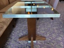 24"W x 32"D x 29"H Stainless Steel Frame Glass Top Wood Base Table