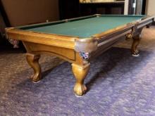 100"�L x 55.5"�D x 32"�H Decor Solid Wood Green Felt Pool Table w/Dark Brown Leather Cover