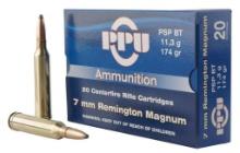 PPU PP7RM2 Standard Rifle Rifle 7mm Rem Mag 174 gr Pointed Soft Point BoatTail PSPBT 20 Per Box