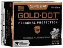 Speer 23962GD Gold Dot Personal Protection 40 SW 180 gr 1025 fps Hollow Point HP 20 Bx