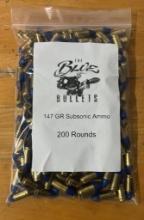 The Blue Bullets - 9mm - 147 GR Subsonic Ammo - 200 Rounds