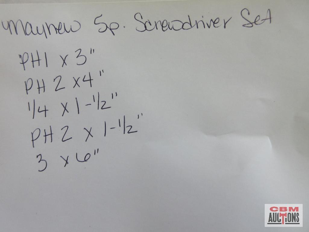 Mayhew 5pc Screwdriver Set PH1 X 3" PH2 X 4" 1/4 X 1-1/2" PH2 X 1-1/2" 3 X 6" ...