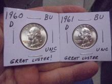 1960 D Mint & 1961 D Mint Silver Washington Quarters