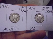 1916 & 1917 Silver Mercury Dimes