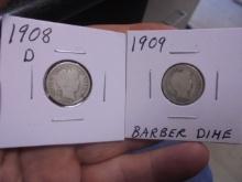 1908 D Mint & 1909 Silver Barber Dimes