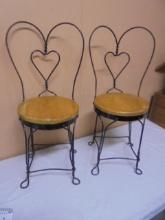 Set of 2 Vintage Iron Wood Seat Child's Ice Cream Chairs