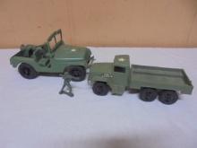 Vintage Toy Army Jeep & Truck w/ Toy Soldier
