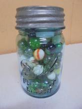Vintage Blue Glass Ball Pint Canning Jar Full of Marbles