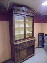 Antique Solid Oak 2pc Glass Front Cabinet