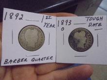 1892 & 1893 O Mint Silver Barber Quarters