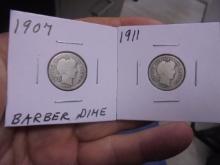 1907 and 1911 Silver Barber Dimes