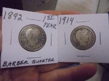 1892 and 1914 Silver Barber Quarters