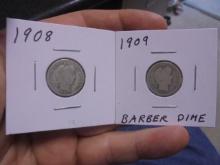 1908 and 1909 Silver Barber Dimes