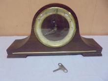 Antique Woodcase Camel Back Wind-Up Mantel Clock w/ Key
