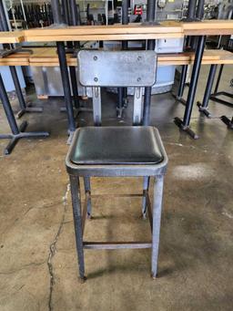 Distressed Metal Frame and Back Bar Stools with Black Seat Cushions