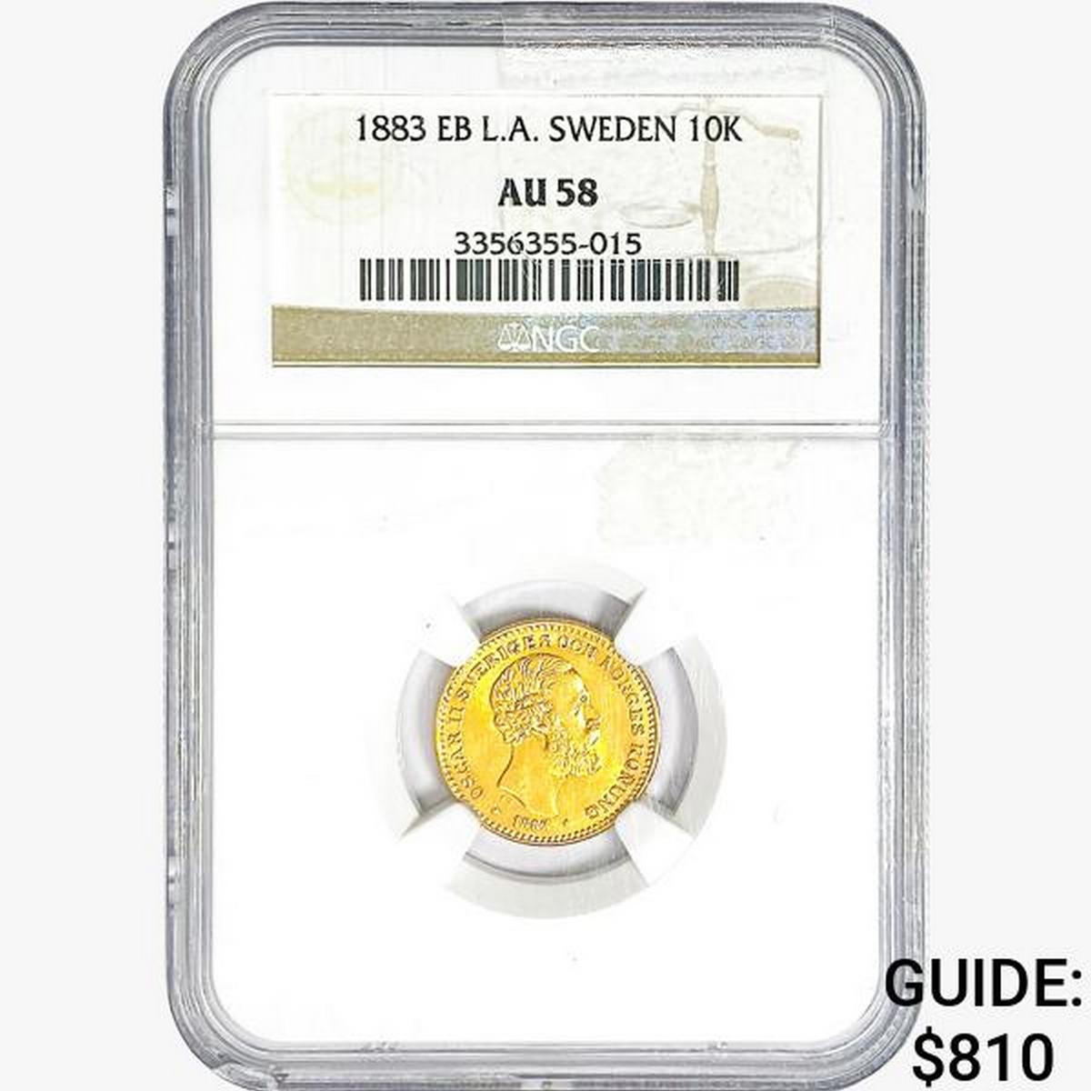 1883 EB .1296oz. Gold Sweden 10 Kronor NGC AU58