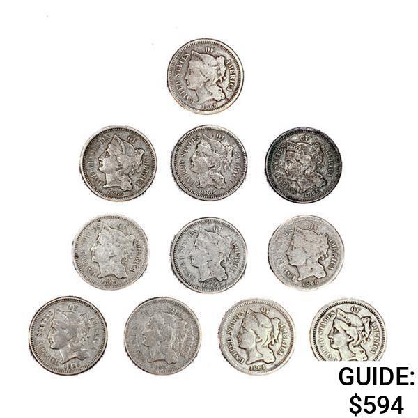 1865-1866 Three Cent Nickel Collection [11 Coins]