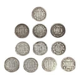 1865-1866 Three Cent Nickel Collection [11 Coins]
