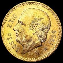 1959 Mexico .2411oz Gold 10 Pesos CHOICE BU