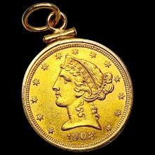 1908 $5 Gold Half Eagle w/ 14k Gold Bezel HIGH GRA