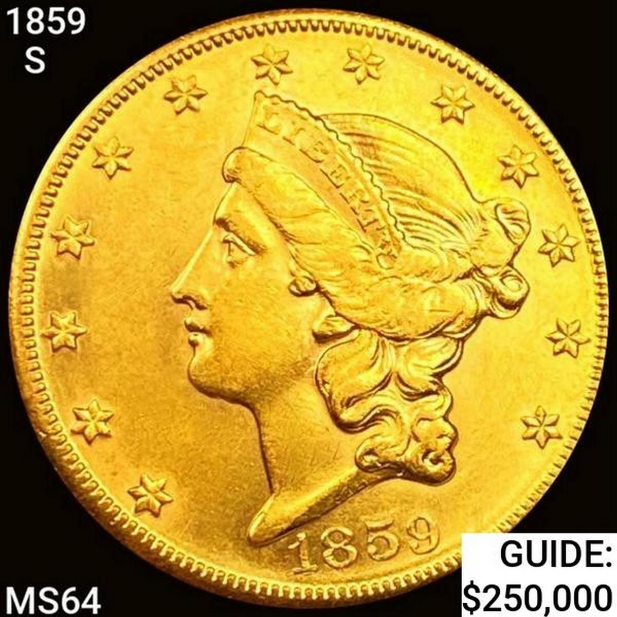 1859-S $20 Gold Double Eagle PHA MS64