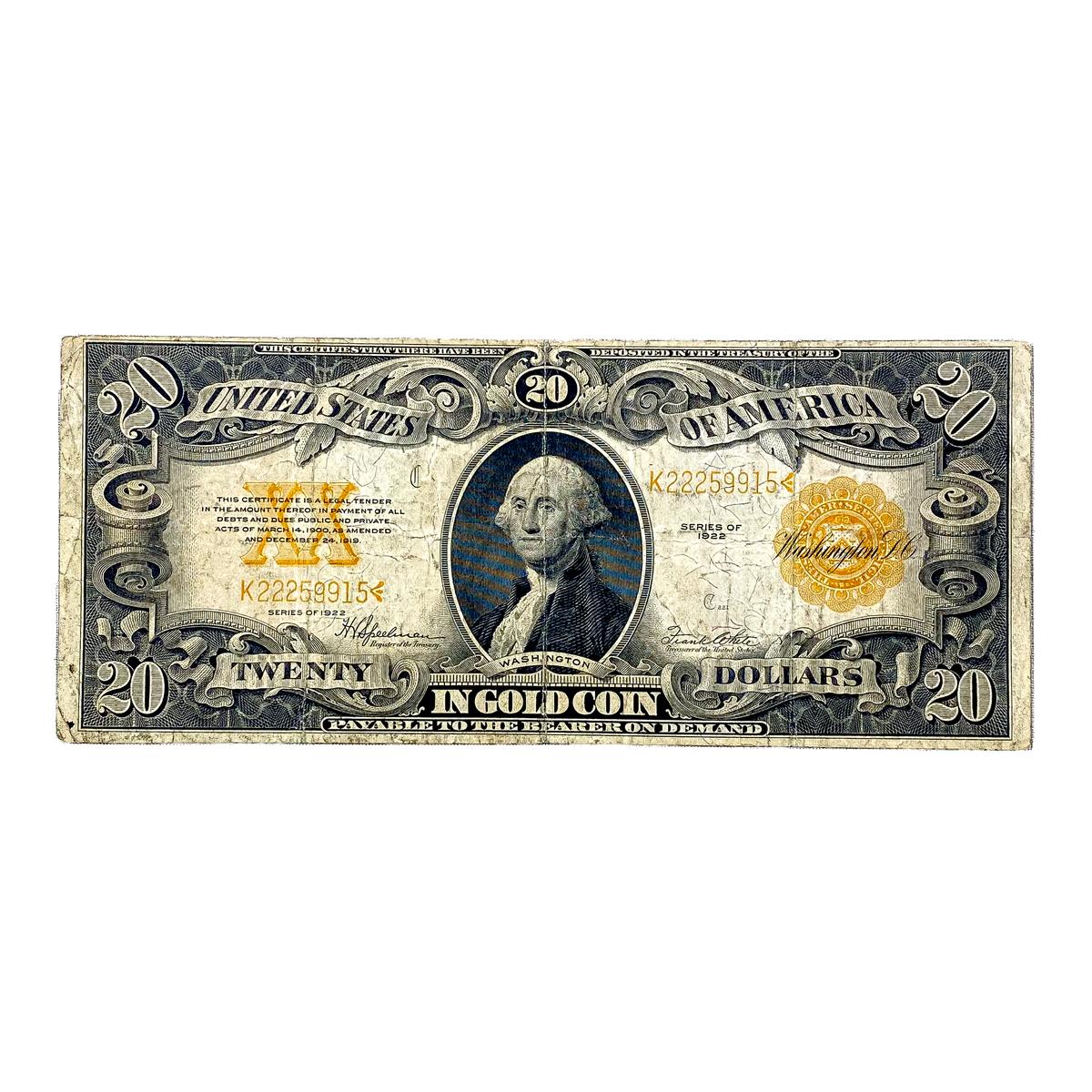 1922 $20 US Gold Certificate