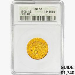 1908 $5 Gold Half Eagle ANACS AU53
