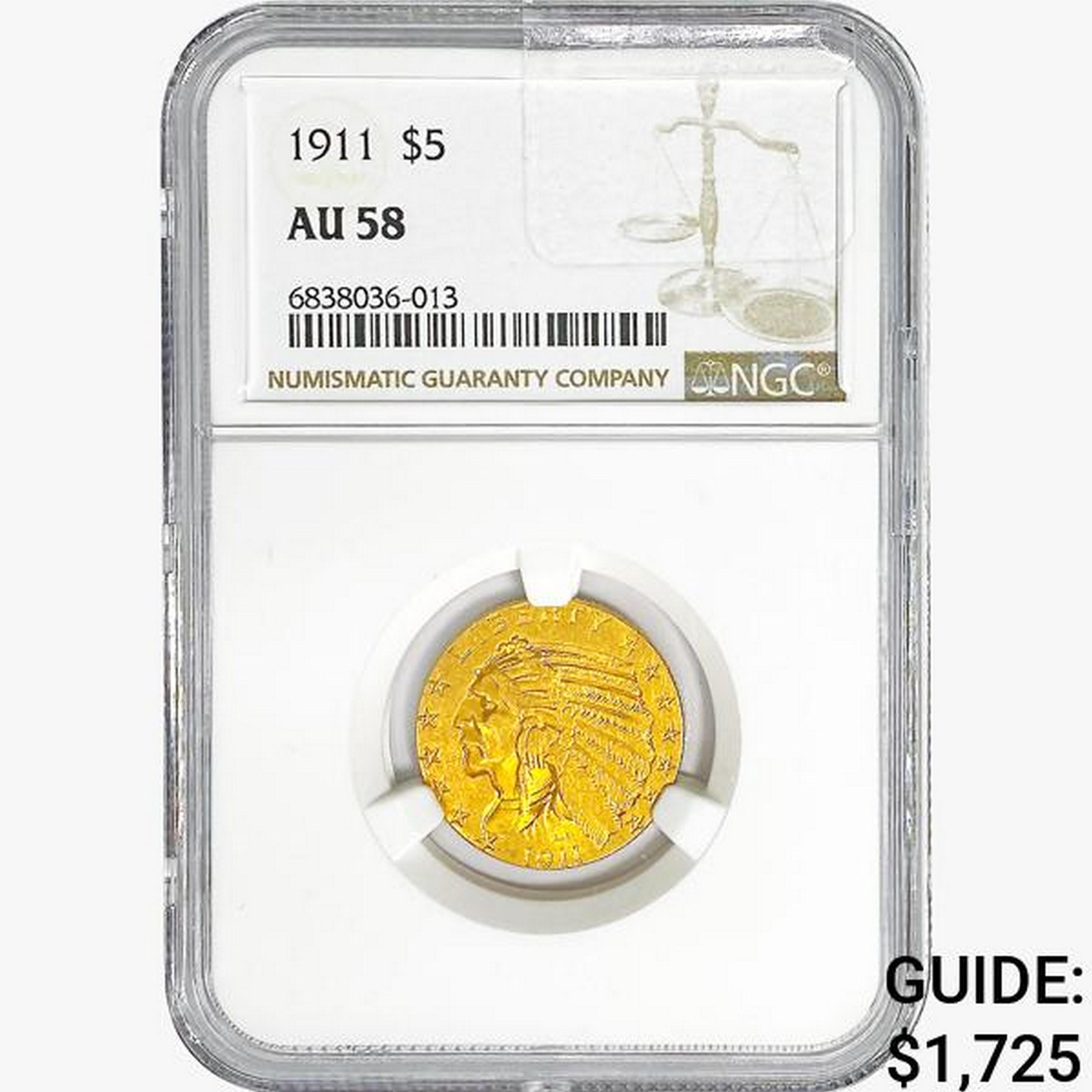 1911 $5 Gold Half Eagle NGC AU58