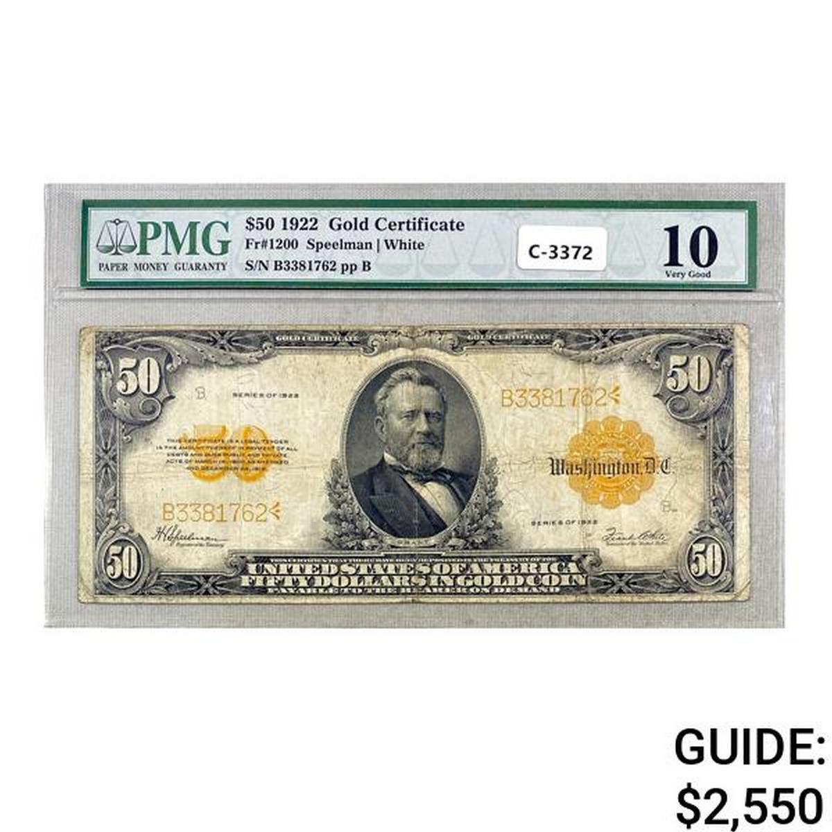1922 $50 GRANT GOLD CERTIFICATE PMG VG10