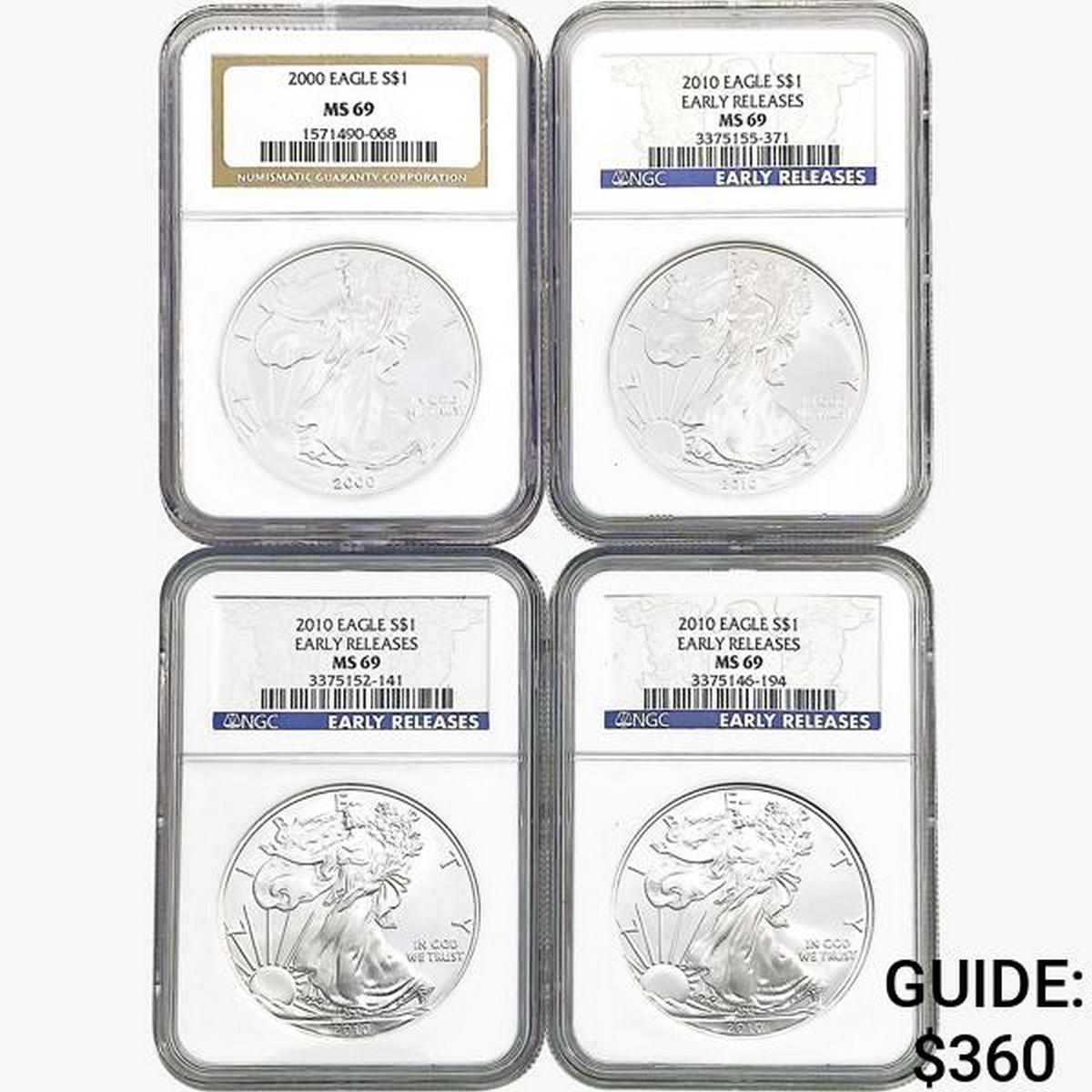2000&2010 [4] Silver Eagle NGC MS69 W/ ER