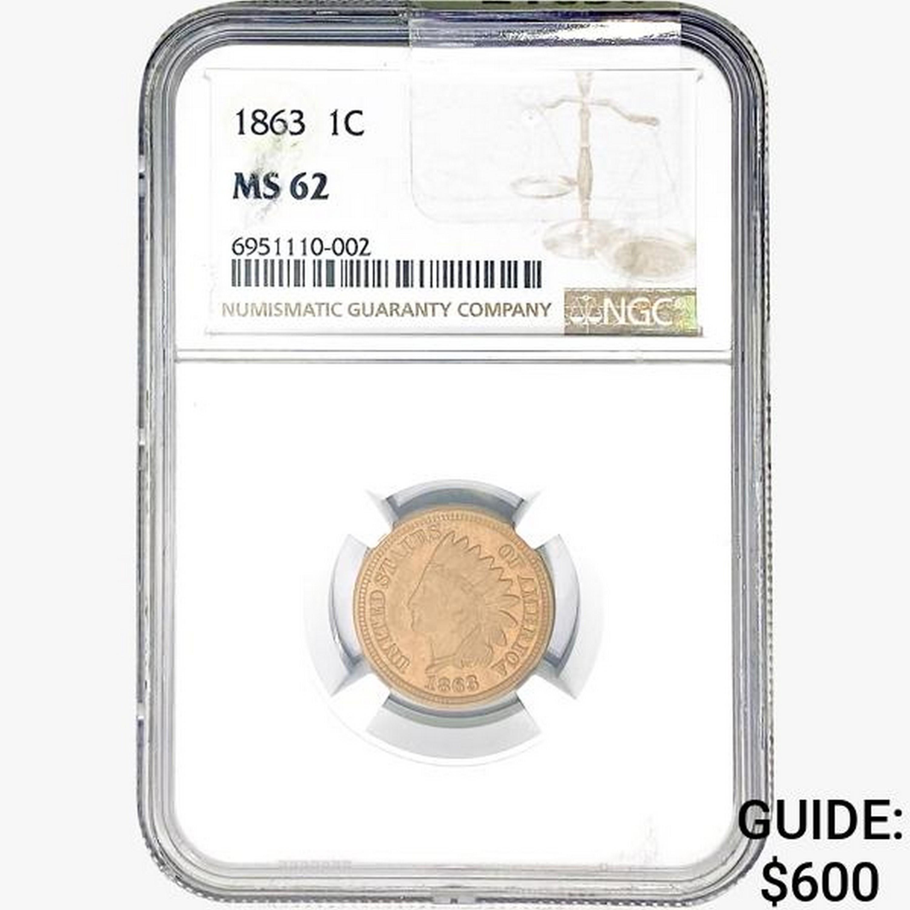 1863 Indian Head Cent NGC MS62