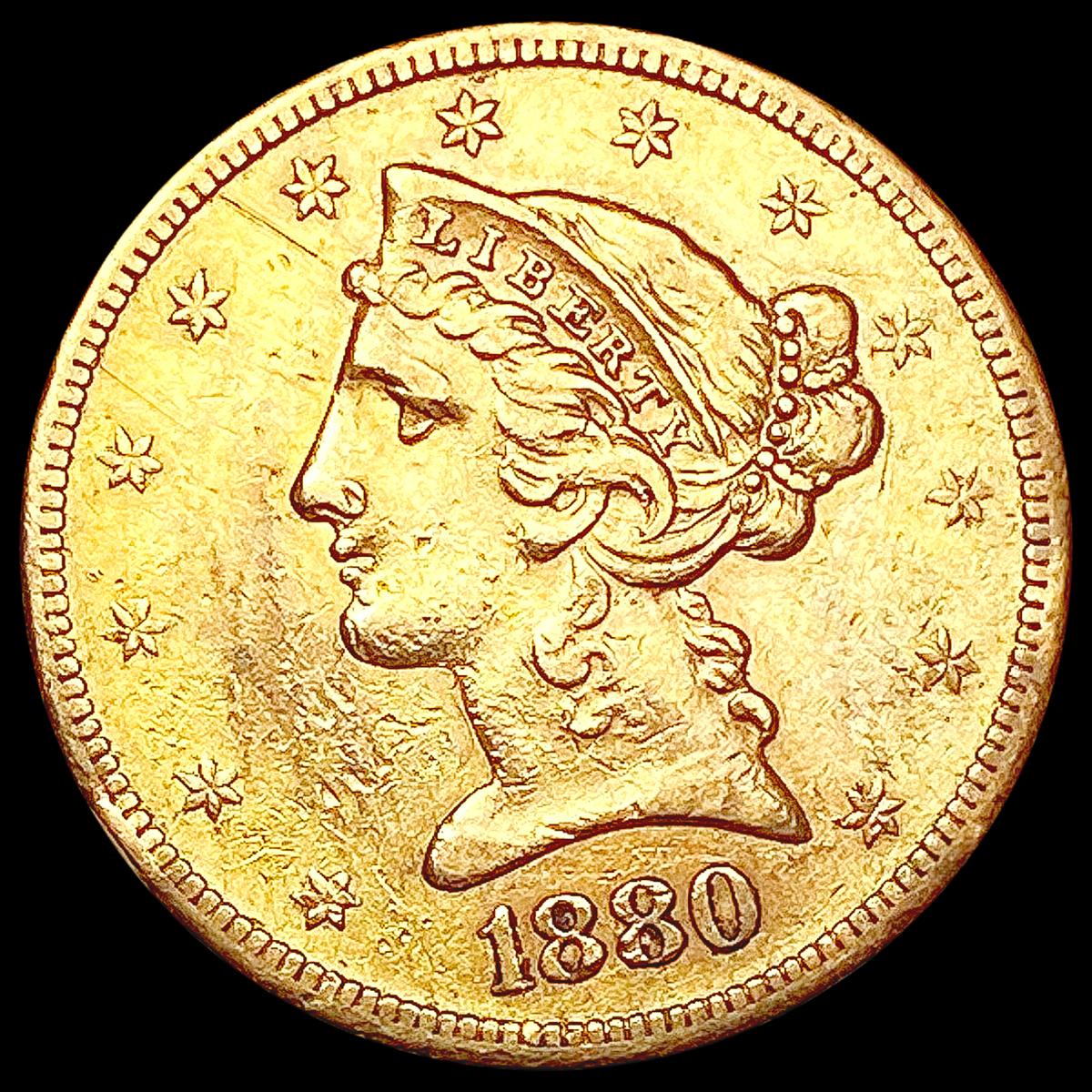 1880-S $5 Gold Half Eagle CLOSELY UNCIRCULATED