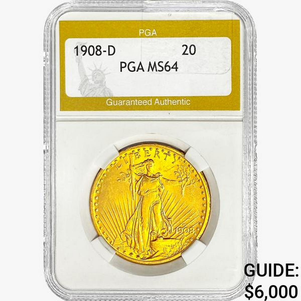 1908-D $20 Gold Double Eagle PGA MS64