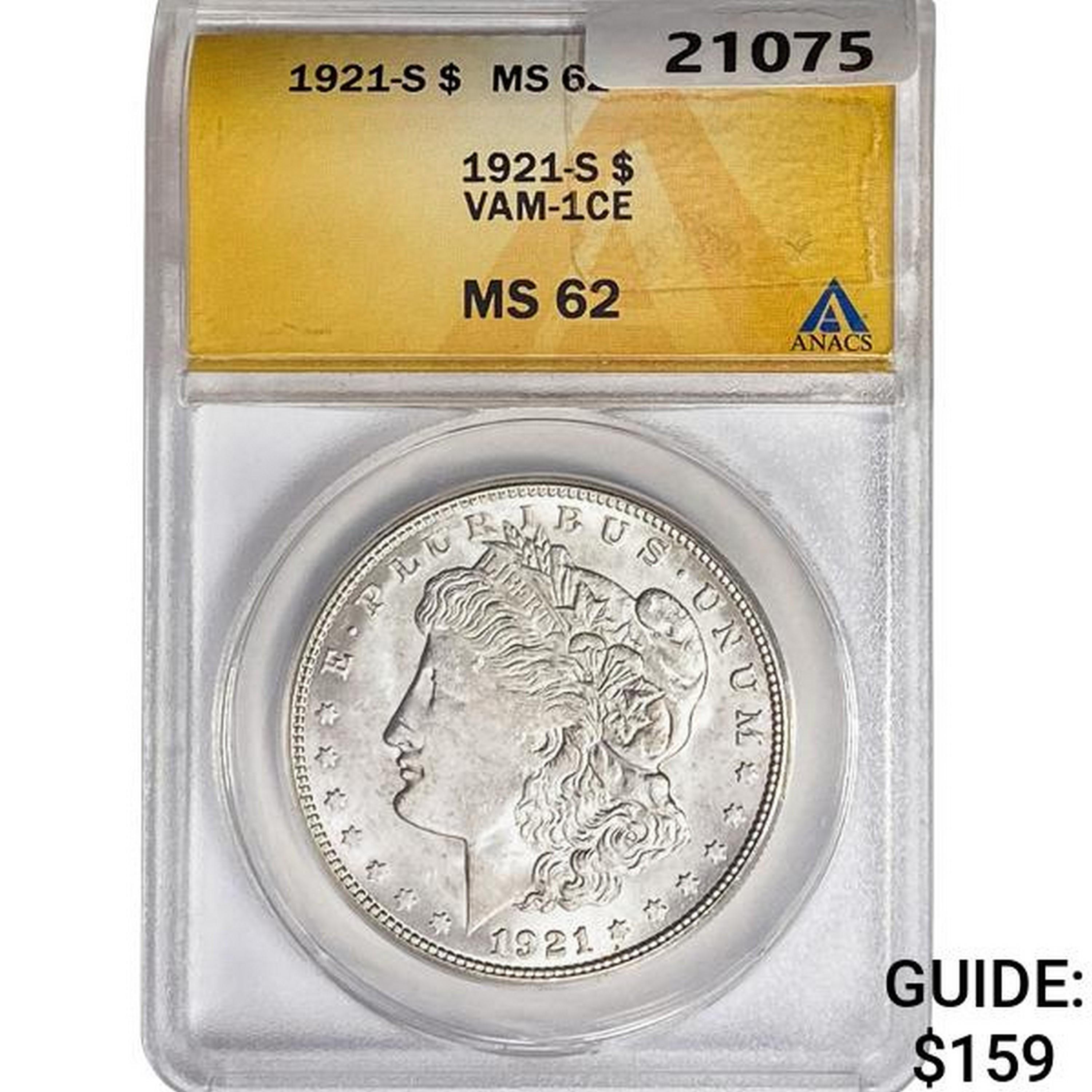 1921-S Morgan Silver Dollar ANACS MS62 VAM-1CE