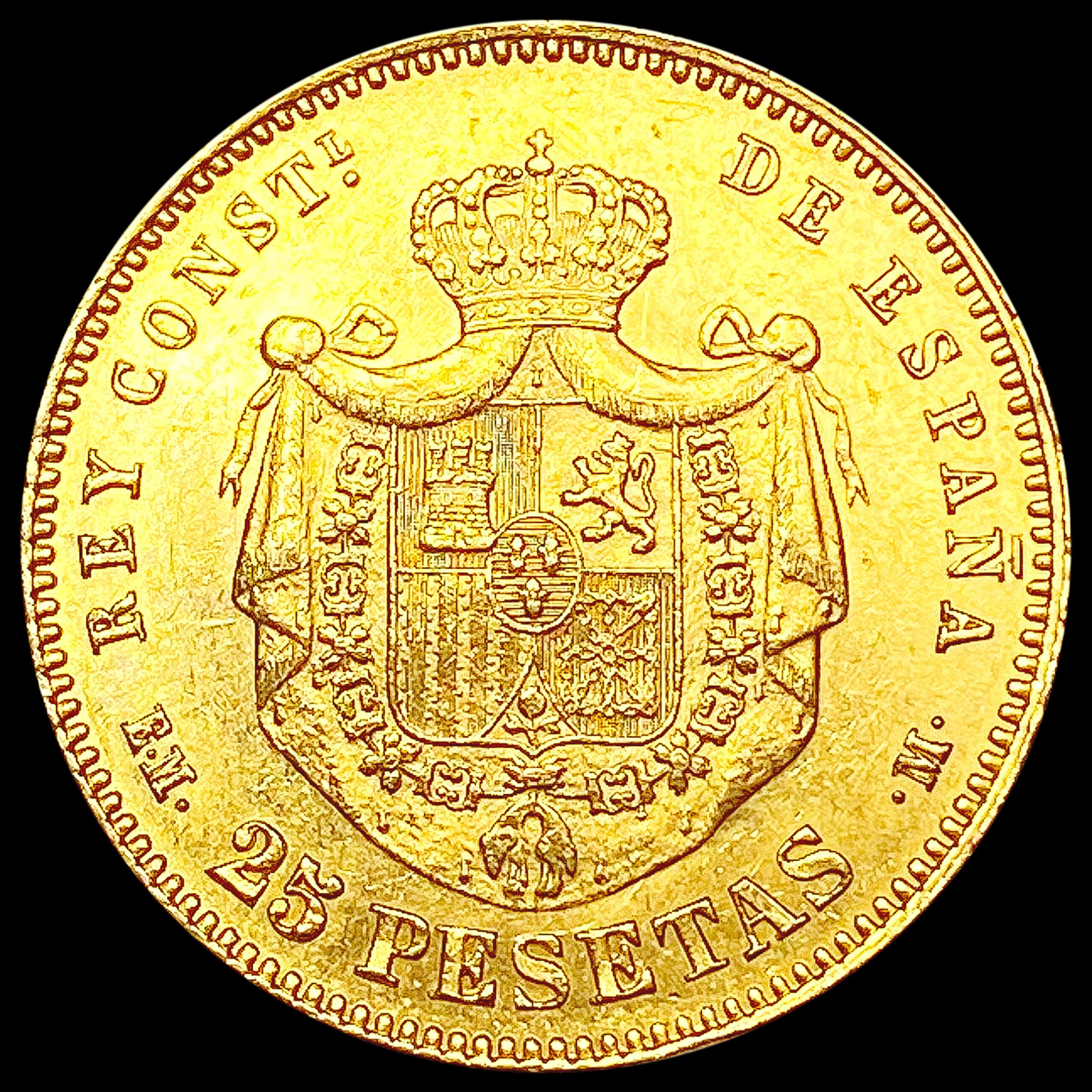 1879 Spain .2334oz Gold 25 Pesetas UNCIRCULATED