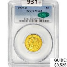 1909-D CAC $5 Gold Half Eagle PCGS MS63