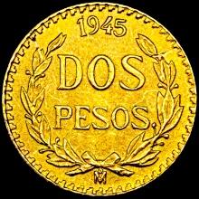 1945 Mexico .0482oz Gold 2 Pesos UNCIRCULATED