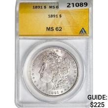 1891 Morgan Silver Dollar ANACS MS62