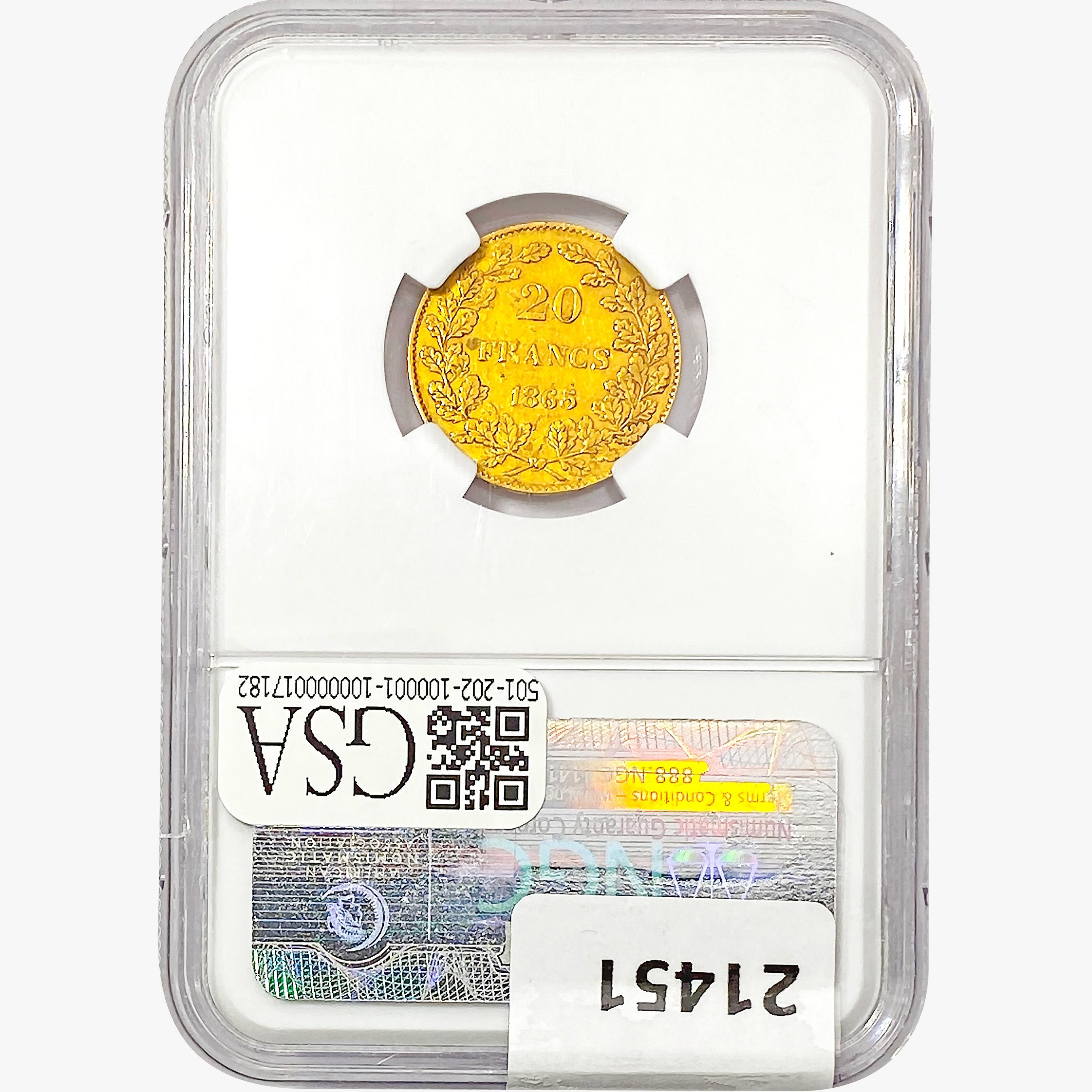 1865 .1867oz. Gold Belgium 20 Francs NGC XF45 L.Wi