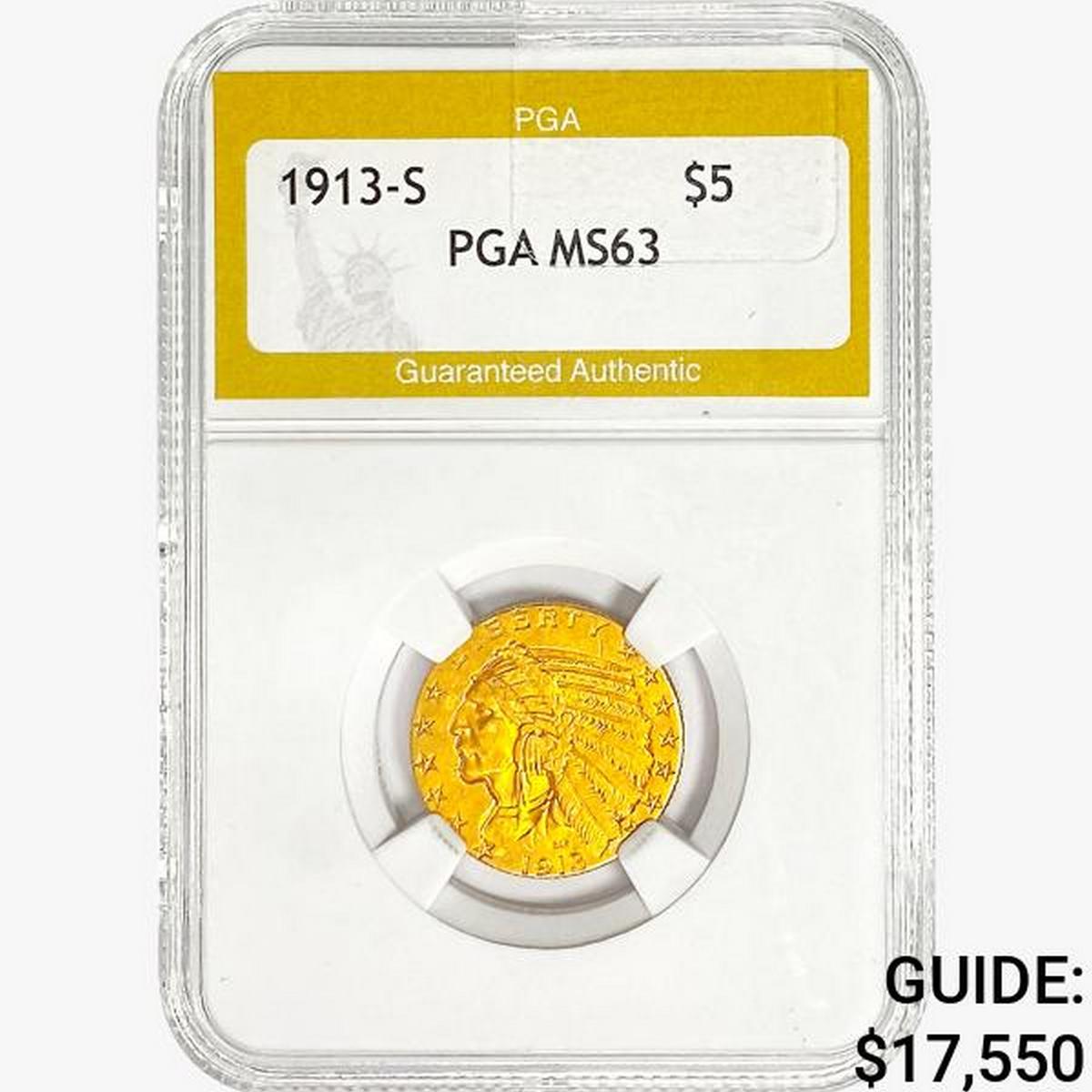 1913-S $5 Gold Half Eagle PGA MS63