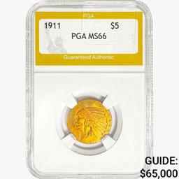 1911 $5 Gold Half Eagle PGA MS66